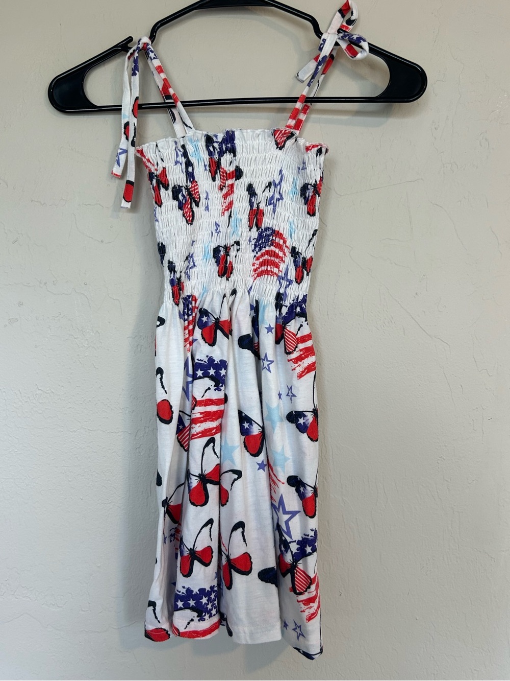 Girls butterfly Patriotic Smocked Sundress S White Red Blue (1989)